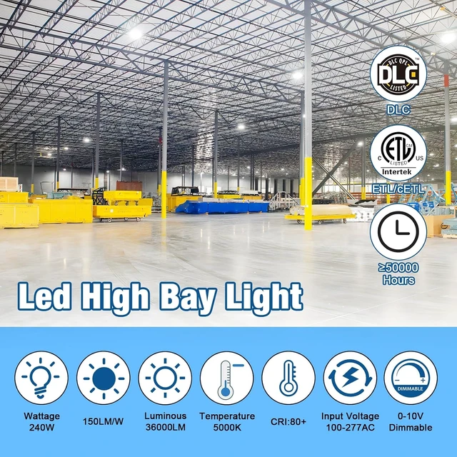 Alt view image 2 of 7 - Led High Bay Light 240W 36000LM 5000K UFO ETL Listed Commercial Lights, 1-10v Dimmer High Bay LED Light Warehouse Workshop 6' Cable 100-277V