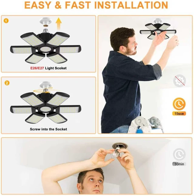 Alt view image 6 of 7 - LED Garage Lights Bulb 200W 15000LM 6500K Led Shop Light with 6 Plus 1 Deformable Panels Basement Barn Ceiling Lights for E26/E27