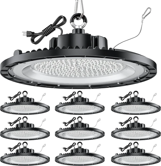 Main image of Launding 250W UFO LED High Bay Light 10 Pack, 30000LM 5000K Daylight Super Bright Commercial High Bay LED Shop Lights for Warehouse Workshop Garage Barn with 5ft US Plug Cable & Safe Rope, AC100-277V.