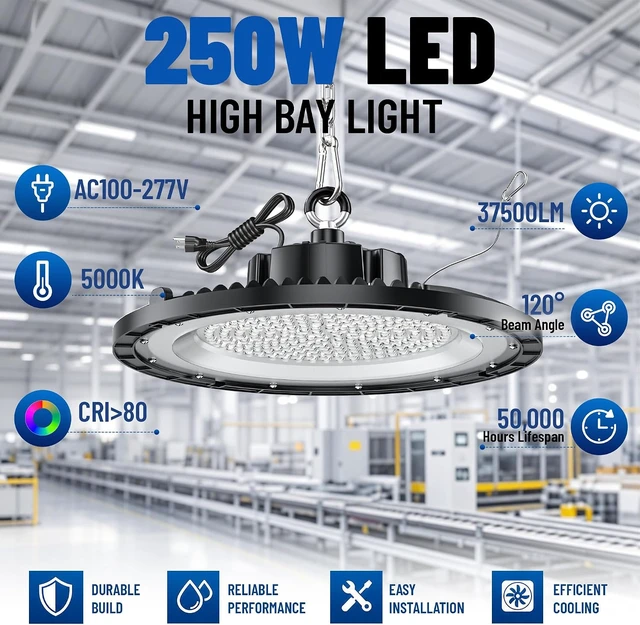 Alt view image 2 of 7 - Launding 250W UFO LED High Bay Light 10 Pack, 30000LM 5000K Daylight Super Bright Commercial High Bay LED Shop Lights for Warehouse Workshop Garage Barn with 5ft US Plug Cable & Safe Rope, AC100-277V.