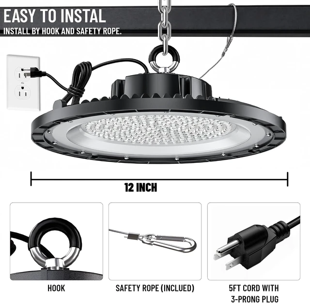 Alt view image 4 of 7 - Launding 250W UFO LED High Bay Light 10 Pack, 30000LM 5000K Daylight Super Bright Commercial High Bay LED Shop Lights for Warehouse Workshop Garage Barn with 5ft US Plug Cable & Safe Rope, AC100-277V.