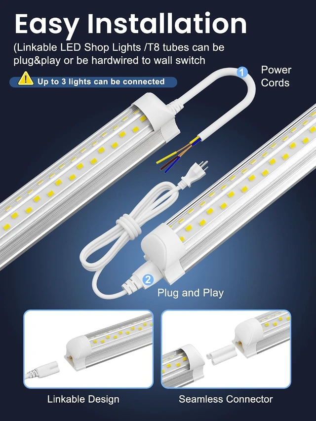 Alt view image 7 of 7 - 4FT LED Shop Light, 50W 7500LM 6000K Daylight, V-Shape Linkable Shop Lights with Plug, T8 Integrated 4 Foot Tube Light Fixture, Clear Cover High Output for Garage Workshop Warehouse Basement, 10-Pack