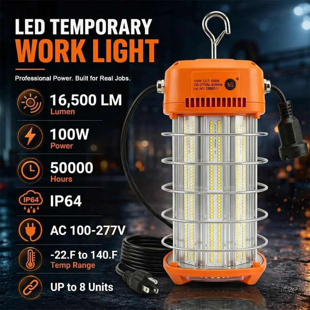 Alt view image 2 of 7 - NS LED Temporary Work Light 100W, 16,500LM 5000K Construction Light, Linkable Up to 8 Lights, IP64 IK07 Portable Jobsite Lighting for Garage, Workshop, Warehouse