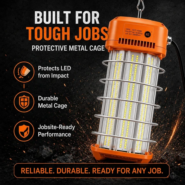 Alt view image 5 of 7 - NS LED Temporary Work Light 100W, 16,500LM 5000K Construction Light, Linkable Up to 8 Lights, IP64 IK07 Portable Jobsite Lighting for Garage, Workshop, Warehouse