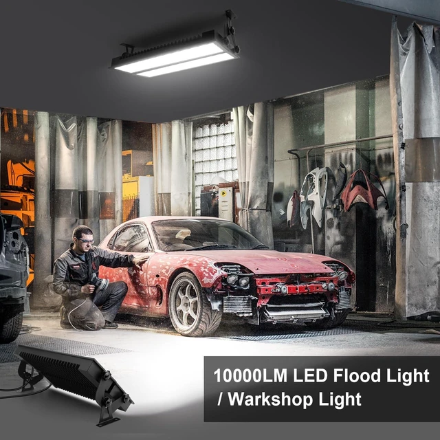 Alt view image 2 of 7 - 2 Pack LED Shop Light for Garage, 120W 10000lm 5000K Daylight LED High Bay Light, IP66 Waterproof Outdoor Flood Light with US Plug 5FT Cable for Workshop Yard Garage Factory Area Lighting Fixture