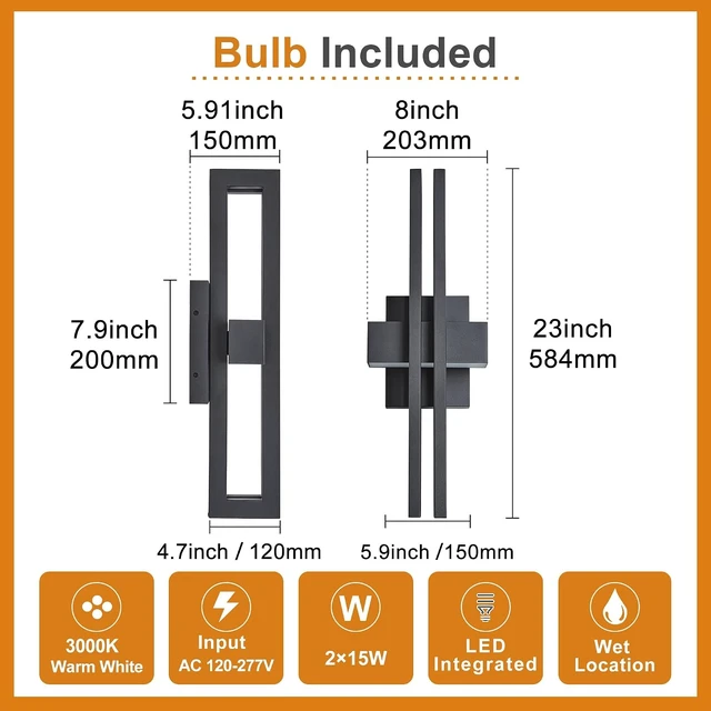 Alt view image 5 of 7 - 23Inch Large Modern Minimalist Outdoor Wall Light, IP65 Waterproof, 3000K Warm White, 2x15W Integrated LED, Textured Black Finish for Garden, Garage, Patio & Indoor Use