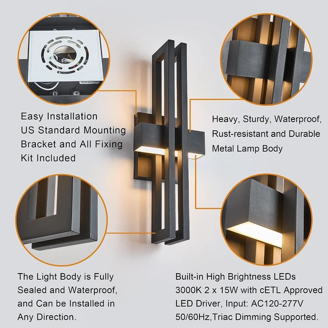 Alt view image 7 of 7 - 23Inch Large Modern Minimalist Outdoor Wall Light, IP65 Waterproof, 3000K Warm White, 2x15W Integrated LED, Textured Black Finish for Garden, Garage, Patio & Indoor Use