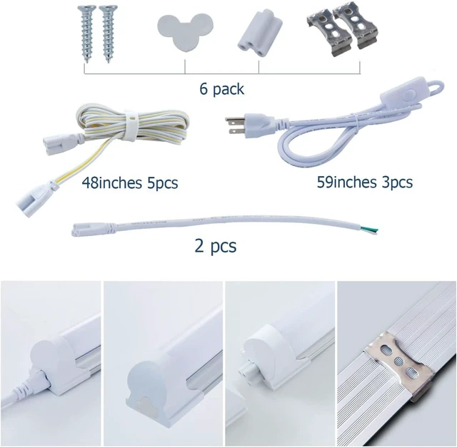 Alt view image 2 of 7 - 6 Pack LED T8 Shop Light, 4FT 24W 6000K Daylight White Linkable LED Integrated Tube Lights with Milky Cover, Bar Lights for Garage,Workshop,Workbench with On/Off Plug Cord