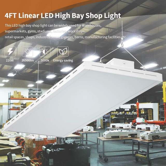 Alt view image 6 of 7 - FAITHSAIL 4FT Linear LED High Bay Shop Light, 220W, 26500LM, 5000K, Industrial LED Warehouse Lighting, 4 Foot Indoor Aisle Area Workshop Garage Highbay LED Lights, 4 Lamp Fluorescent Equivalent