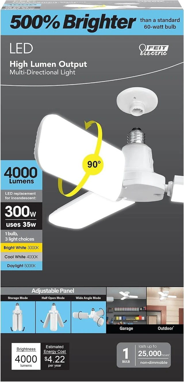 Main image of Feit Electric LED Garage Light, Multiple Adjustable Panels, E26 Base, Ideal for Garage, Workshop, Shed, 25,000-Hour Lifetime