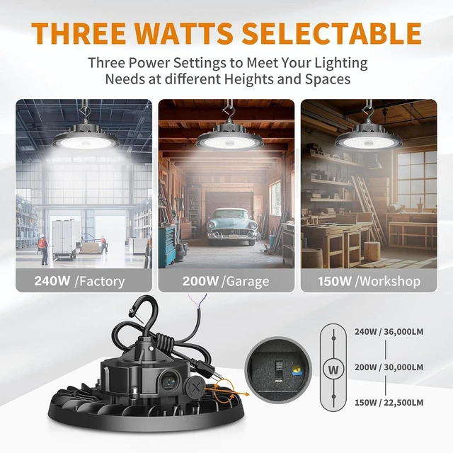 Alt view image 2 of 7 - UFO LED High Bay Light 240W 36,000lm 5000K Daylight, High Bay LED Shop Light 0-10V Dimmable with US Plug 5 Cable, Commercial LED Warehouse Lights, Factory Area Lighting Fixture, 2PCS