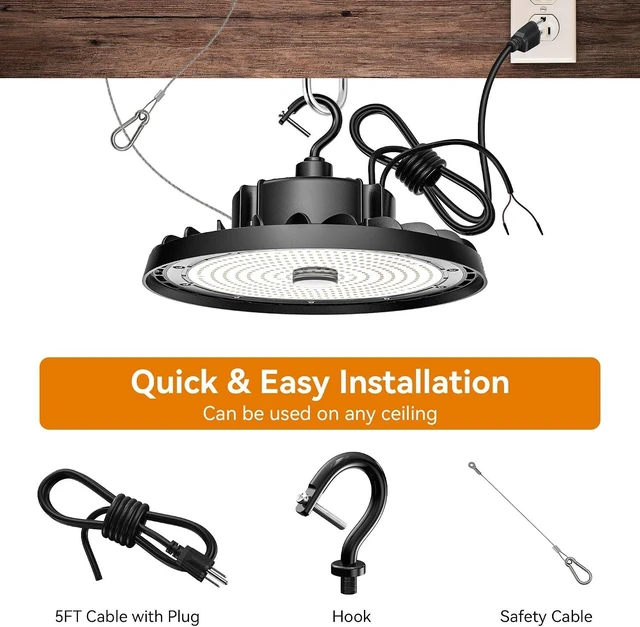 Alt view image 7 of 7 - UFO LED High Bay Light 240W 36,000lm 5000K Daylight, High Bay LED Shop Light 0-10V Dimmable with US Plug 5 Cable, Commercial LED Warehouse Lights, Factory Area Lighting Fixture, 2PCS