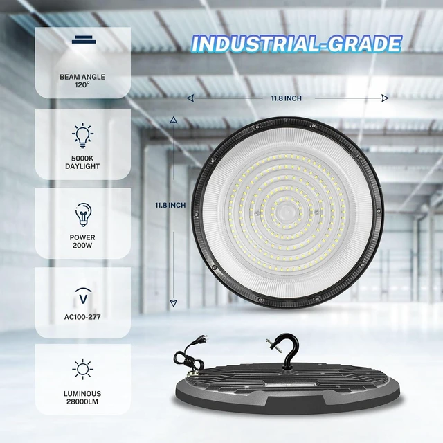 Alt view image 2 of 6 - THELUX 2Pack High Bay Led Shop Lights 200W 5000K 28000lm(Equiv.800WMH/HPS), Led High Bay Light with US Plug&5Ft Cable for Commercial Lighting Warehouse,Garage,Gym,Workshop,Barn etc.