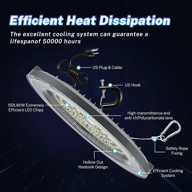 Alt view image 3 of 6 - THELUX 2Pack High Bay Led Shop Lights 200W 5000K 28000lm(Equiv.800WMH/HPS), Led High Bay Light with US Plug&5Ft Cable for Commercial Lighting Warehouse,Garage,Gym,Workshop,Barn etc.