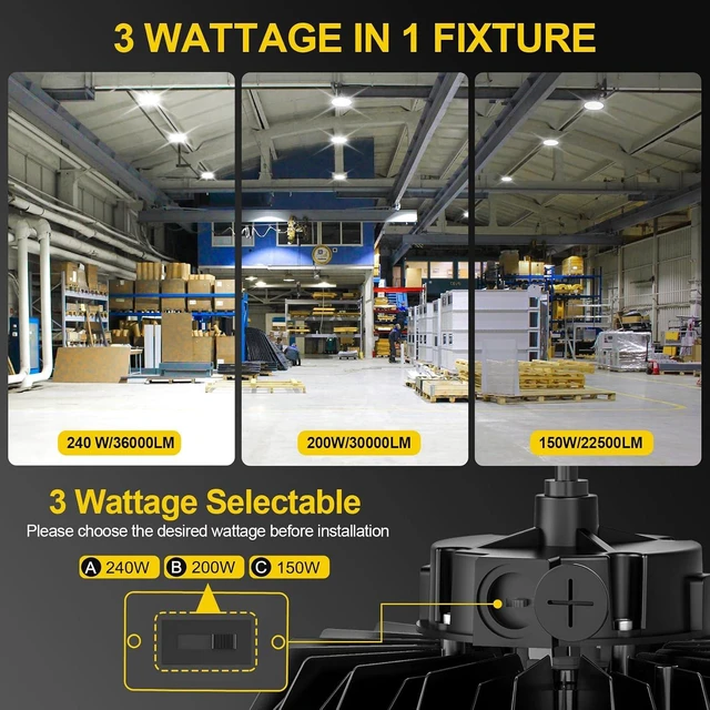 Alt view image 3 of 7 - BBESTLED 480V UFO LED High Bay Light 240W 200W 150W Adjustable, ETL Listed 5000K 36000Lm High Bay Led Shop Lights, Dimmable Waterproof Commercial Light Fixture for Factory Shop Garage AC 277-480V