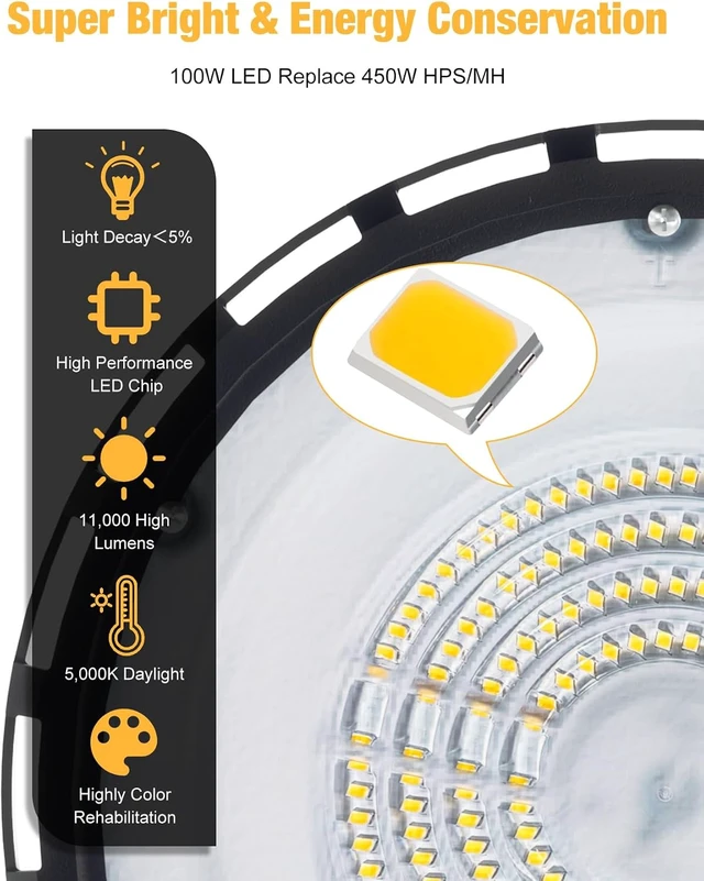 Alt view image 2 of 7 - UFO LED High Bay Light 100W 11000LM 5000K High Bay LED Shop Lights