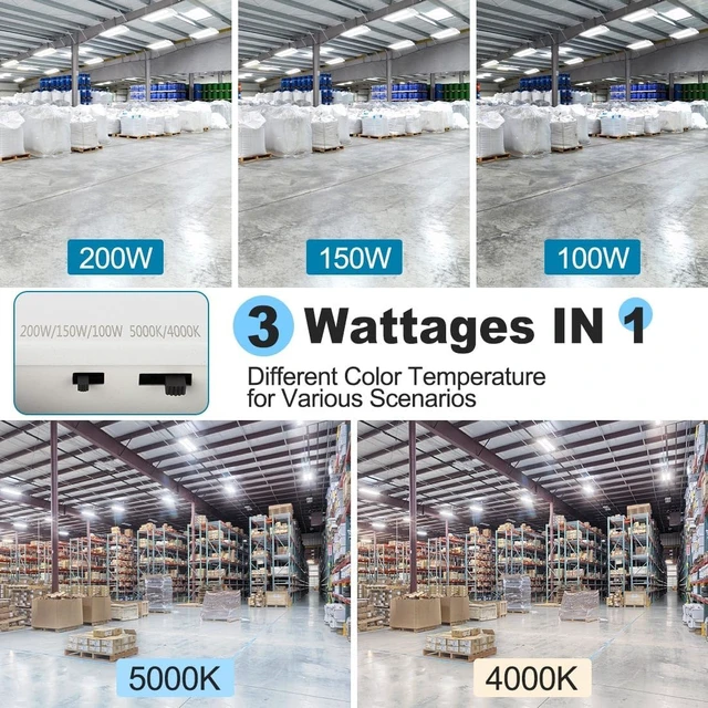Alt view image 2 of 7 - High Bay LED Shop Lights 200W/150W/100W Adjustable 28000LM 4 Pack