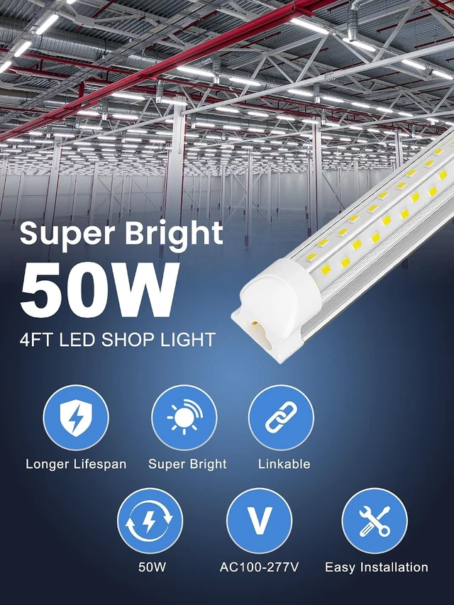Alt view image 2 of 7 - 4FT LED Shop Light, 50W 7500LM 6000K Daylight, V-Shape Linkable Shop Lights with Plug, T8 Integrated 4 Foot Tube Light Fixture, Clear Cover High Output for Garage Workshop Warehouse Basement, 10-Pack