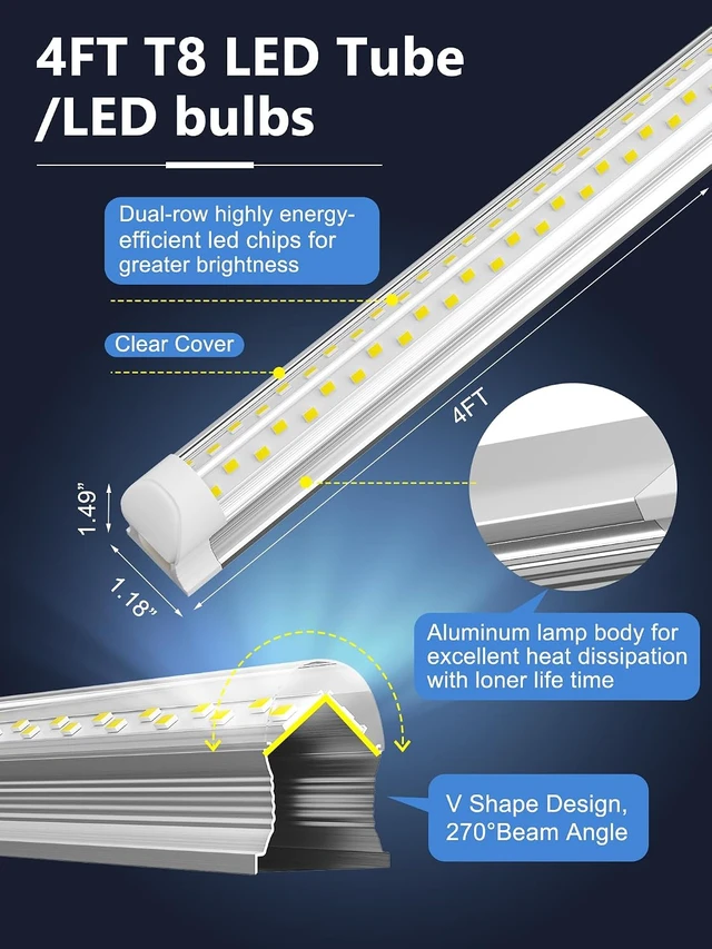 Alt view image 3 of 7 - 4FT LED Shop Light, 50W 7500LM 6000K Daylight, V-Shape Linkable Shop Lights with Plug, T8 Integrated 4 Foot Tube Light Fixture, Clear Cover High Output for Garage Workshop Warehouse Basement, 10-Pack