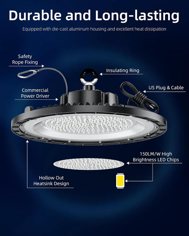 Alt view image 2 of 6 - THELUX 150W UFO LED High Bay Lights Super High Brightness 22,500LM for Warehouse, Workshop, Garage - 5000K Daylight, IP65 Waterproof Commercial Lighting (High & Low Bay) LED Shop Lights 1Pack