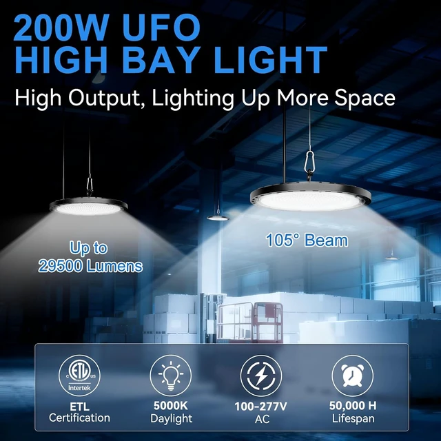Alt view image 2 of 7 - 1 Pack 200W UFO LED High Bay Light, 29500lm 5000K Shop Lights for Warehouse, 5' Cable with Plug AC110-277V, Waterproof Commercial Lights for Barn Workshop Garage Factory Warehouse Gym ETL Listed