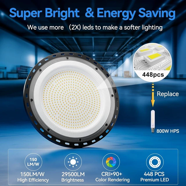 Alt view image 3 of 7 - 1 Pack 200W UFO LED High Bay Light, 29500lm 5000K Shop Lights for Warehouse, 5' Cable with Plug AC110-277V, Waterproof Commercial Lights for Barn Workshop Garage Factory Warehouse Gym ETL Listed