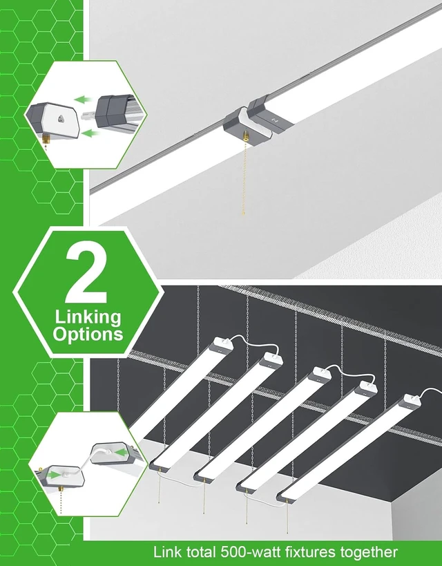 Alt view image 3 of 7 - 120W LED Shop Light Linkable, 15600 LM 5000K Linear High Bay/Low Bay Lighting Fixture 120V with US Plug Cable, Pull Chain for Garage Workshops Basements Hanging or FlushMount - 2 Pack ETL Listed