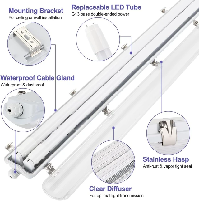 Alt view image 5 of 7 - 4FT LED Vapor Tight Light Fixtures 6Pack, Clear Cover, 40W 5600LM