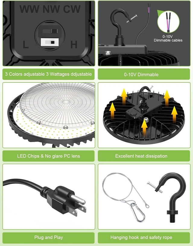 Alt view image 4 of 7 - 2 Pack 150W LED High Bay Light, LED UFO Shop Lights AC100-277V Black