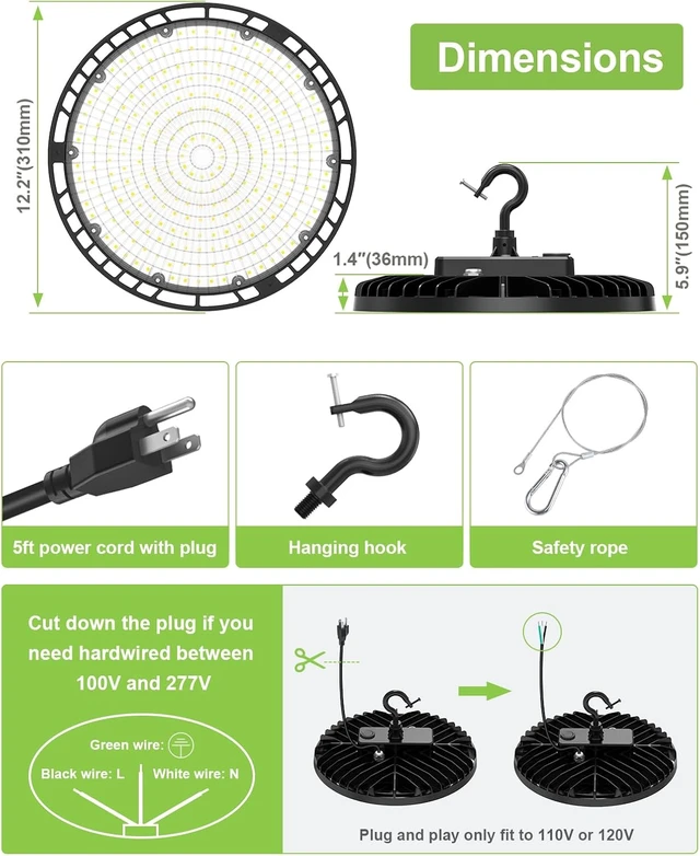 Alt view image 5 of 7 - 2 Pack 150W LED High Bay Light, LED UFO Shop Lights AC100-277V Black