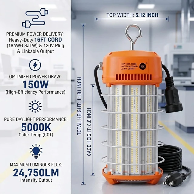 Alt view image 7 of 7 - NS LED Temporary Work Light 150W, 24,750LM 5000K Construction Light, Linkable Up to 5 Lights, IP64 IK07 Portable Jobsite Lighting for Garage, Workshop, Warehouse