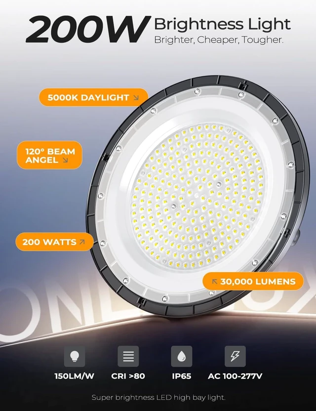 Alt view image 2 of 7 - ONLYLUX 10 Pack 200W UFO LED High Bay Light 30000LM 5000K High Bay Lights