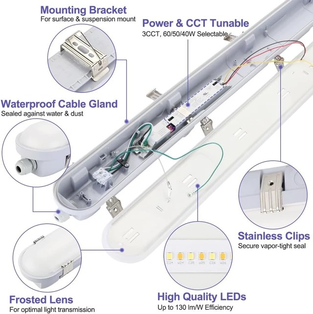 Alt view image 6 of 7 - 4FT LED Vapor Tight Lights 6Pack, 60/50/40W, 40/50/6500K Adjustable