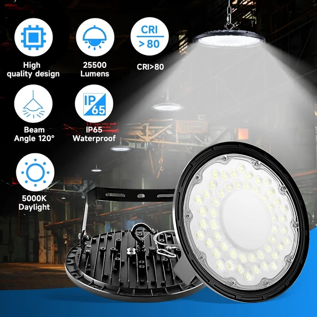 Alt view image 2 of 7 - 1 Pack Ultra-Thin UFO LED High Bay Lighting Fixture - 150W, 25500 Lumens, 5000K Daylight White, IP65 Waterproof, Plug & Play with 5ft Cord & U Bracket - for Warehouse, Workshop, Commercial Use