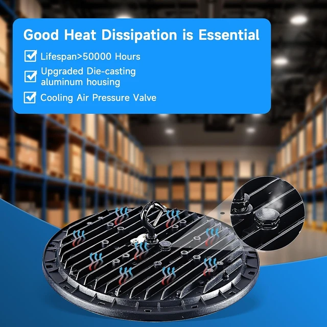 Alt view image 3 of 7 - 1 Pack Ultra-Thin UFO LED High Bay Lighting Fixture - 150W, 25500 Lumens, 5000K Daylight White, IP65 Waterproof, Plug & Play with 5ft Cord & U Bracket - for Warehouse, Workshop, Commercial Use