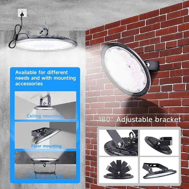 Alt view image 5 of 7 - 1 Pack Ultra-Thin UFO LED High Bay Lighting Fixture - 150W, 25500 Lumens, 5000K Daylight White, IP65 Waterproof, Plug & Play with 5ft Cord & U Bracket - for Warehouse, Workshop, Commercial Use