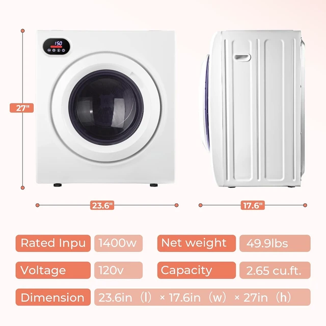Alt view image 7 of 7 - Euhomy 2.65 Cu. Ft. Portable Dryer for Clothes, 1400W Dryer with LCD Panel
