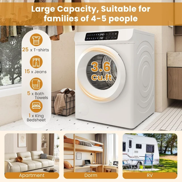 Alt view image 2 of 7 - Auertech 3.6 CU. FT Clothes Dryer, Large Capacity Laundry Dryer with 12 Drying Modes & Stainless Steel Tub, Dryer Machine, Electric Dryer with LED Control for Busy Family Home, White