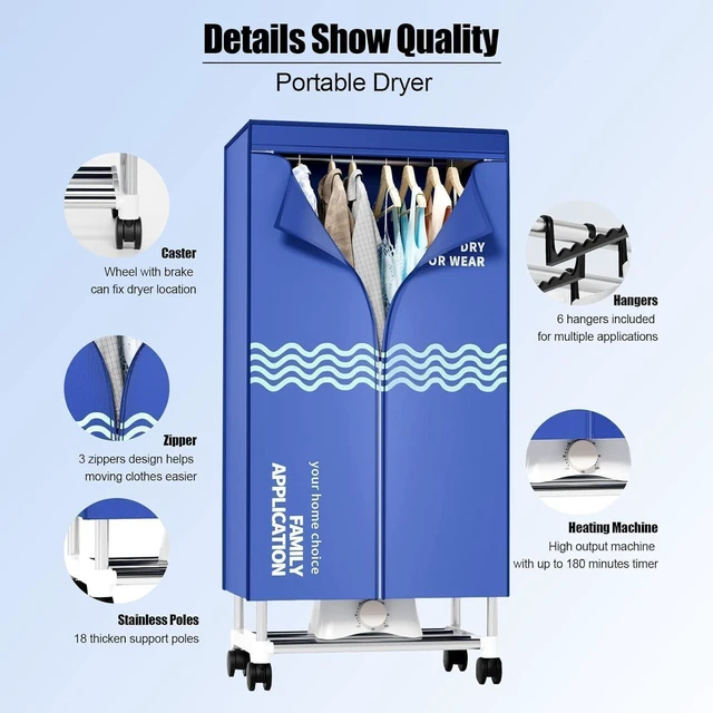 Alt view image 4 of 7 - Clothes Dryer, Portable Drying Machine with Timer, 60inch Laundry Drying Wardrobe with Large Capacity, Electric Dryer/Rack for Home | Appartments (Blue TL6)