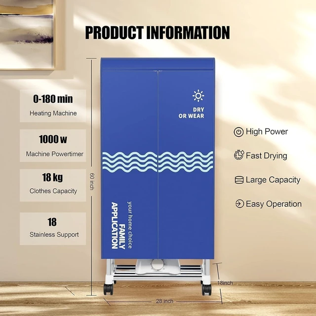 Alt view image 3 of 7 - Clothes Dryer, Portable Drying Machine with Timer, 60inch Laundry Drying Wardrobe with Large Capacity, Electric Dryer/Rack for Home | Appartments (Blue TL6)