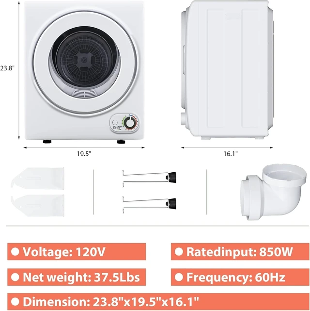 Alt view image 2 of 7 - Euhomy Portable Clothes Dryer for Laundry, 1.5 Cu. Ft. Small Portable Dryers for Clothes, 120V Electric Dryer with Stainless Steel Drum, 850W Dryer Machine for Apartments, White