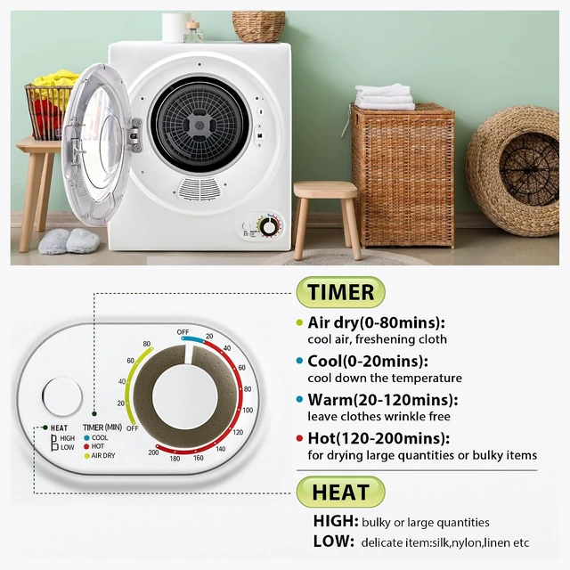 Alt view image 4 of 7 - Euhomy Portable Clothes Dryer for Laundry, 1.5 Cu. Ft. Small Portable Dryers for Clothes, 120V Electric Dryer with Stainless Steel Drum, 850W Dryer Machine for Apartments, White