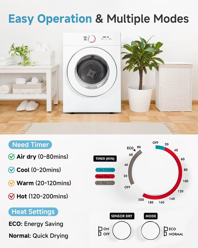 Alt view image 3 of 7 - Feelfunn 1020W Portable Clothes Dryer with 4 Automatic Drying Modes
