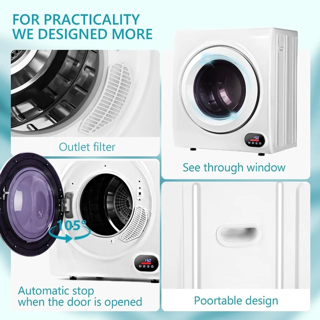 Alt view image 6 of 7 - Euhomy Compact Laundry Dryer, 3.5 cu ft Front Load Stainless Steel Clothes Dryers With Exhaust Pipe, 1500W, LCD Control Panel Four-Function Portable Dryer For Apartments, Home, Dorm, White