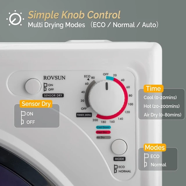 Alt view image 4 of 7 - ROVSUN 2.6 Cu.Ft. Portable Dryers for Laundry, Compact Portable Clothes Dryer with Stainless Steel Tub, Dryer Machine, 110V Electric Dryer with Control Knob for Apartment, Dorm, RV, White, 1400W