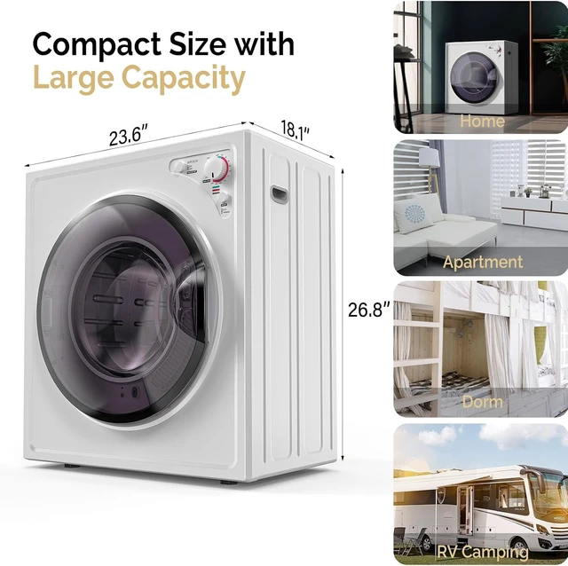 Alt view image 7 of 7 - ROVSUN 2.6 Cu.Ft. Portable Dryers for Laundry, Compact Portable Clothes Dryer with Stainless Steel Tub, Dryer Machine, 110V Electric Dryer with Control Knob for Apartment, Dorm, RV, White, 1400W