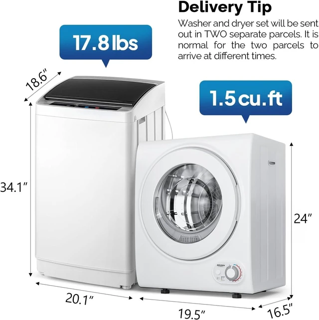 Alt view image 3 of 7 - ROVSUN 17.8LBS Full Automatic Washing Machine and 1.5CuFt Portable Clothes Dryer Set, Compact Laundry Washer and Dryer Combo Set with Stainless Steel Inner Tub, for Apartment, Dorms, Home