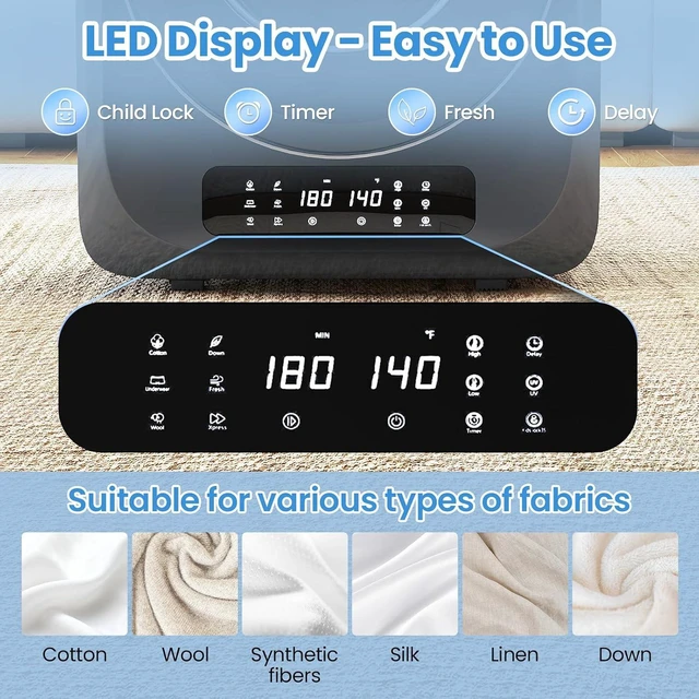 Alt view image 2 of 7 - Auertech 12lbs Portable Dryer for Apartment Laundry, Portable Clothes Dryer with 6 Drying Modes, LED Control Panel, Stainless Tub, Mini Compact Dryer for Apartment, RVs, Dorms