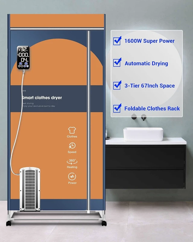 Alt view image 2 of 7 - Portable Clothes Dryer, 1600W Fast-Drying Portable Dryer for Apartment, 67Inch -3 Tier Foldable High Capacity Clothes Dryers Rack, Small/Compact Portable Dryer with Timer for RV, Travel