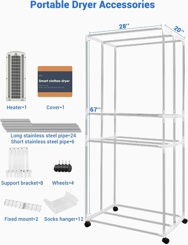 Alt view image 6 of 7 - Portable Clothes Dryer, 1600W Fast-Drying Portable Dryer for Apartment, 67Inch -3 Tier Foldable High Capacity Clothes Dryers Rack, Small/Compact Portable Dryer with Timer for RV, Travel